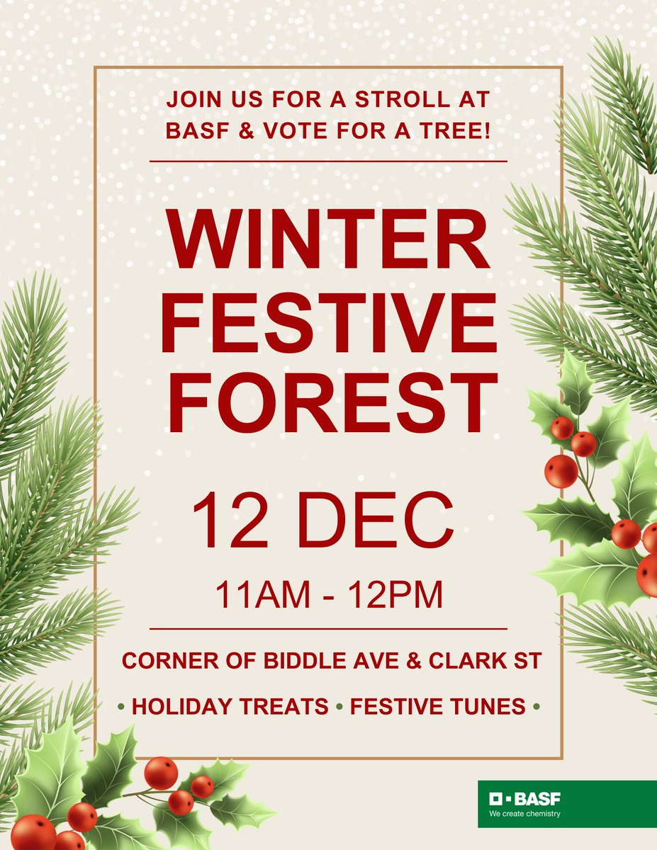 If you're in Wyandotte on December 12 from 11 AM to noon, join us for a stroll through BASF's Winter Festive Forest. Vote for your favorite tree, decorated by employee groups. Bring your cell phone to scan the QR codes.