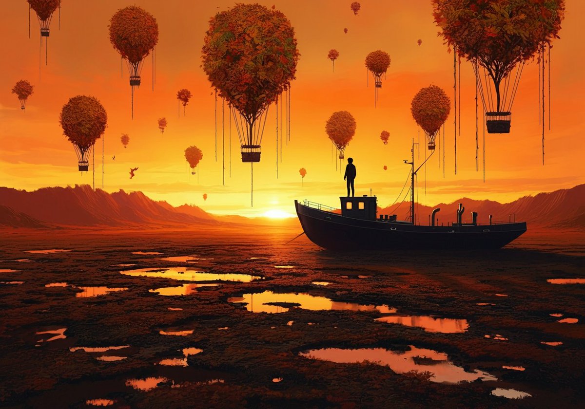 BeyondTLens's tweet photo. As nature-borne balloons drift across a fiery sky, a lone figure on a stranded boat watches, a poignant tableau of resilience and wonder in a changing world.
#SurrealNature #HotAirBalloons #StrandedBoat #Resilience #Grok #Sunset #AIart #DigitalArt #Hope #surreal #Art #GenAI https://t.co/vzBLPI9QeX