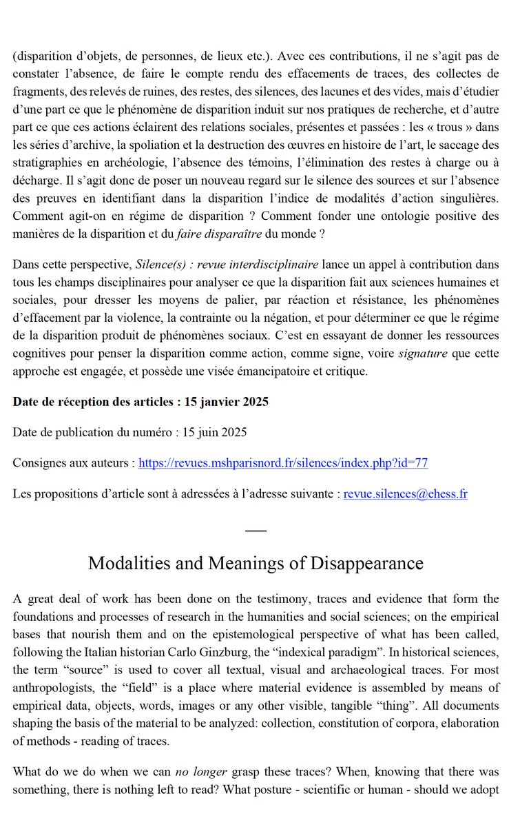 VincentDebiais's tweet photo. ⏰ Il reste un peu moins de deux mois pour répondre à l'appel à contributions "Les modalités de la disparition" pour Silence(s): revue interdisciplinaire, 2 (2025). Un sujet large qui intéresse toutes les sciences humaines et sociales
🗓️ 15 janvier 2025
💻 https://t.co/kZin7zwA9W https://t.co/PICQfpYrAZ