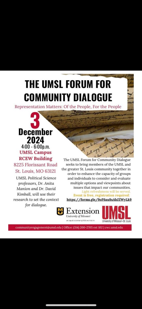 Join us on December 3rd for a Community Dialogue led by our very own Dr. David Kimball and Dr. Anita Manion! 

Please register at this link! docs.google.com/forms/u/1/d/e/…