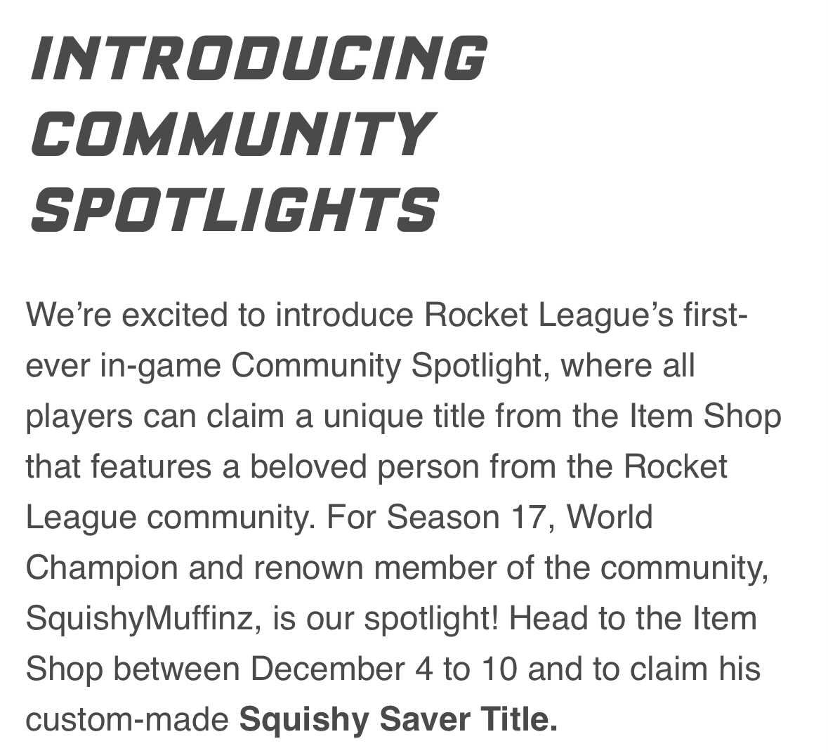 LiquipediaRL's tweet photo. .@SquishyMuffinz will feature as a Community Spotlight for Season 17 of Rocket League! 🧁

Players will be able to pick up an in-game title named after him - ‘Squishy Saver’.

@RLEsports #RLCS https://t.co/lAOjVnv3FY
