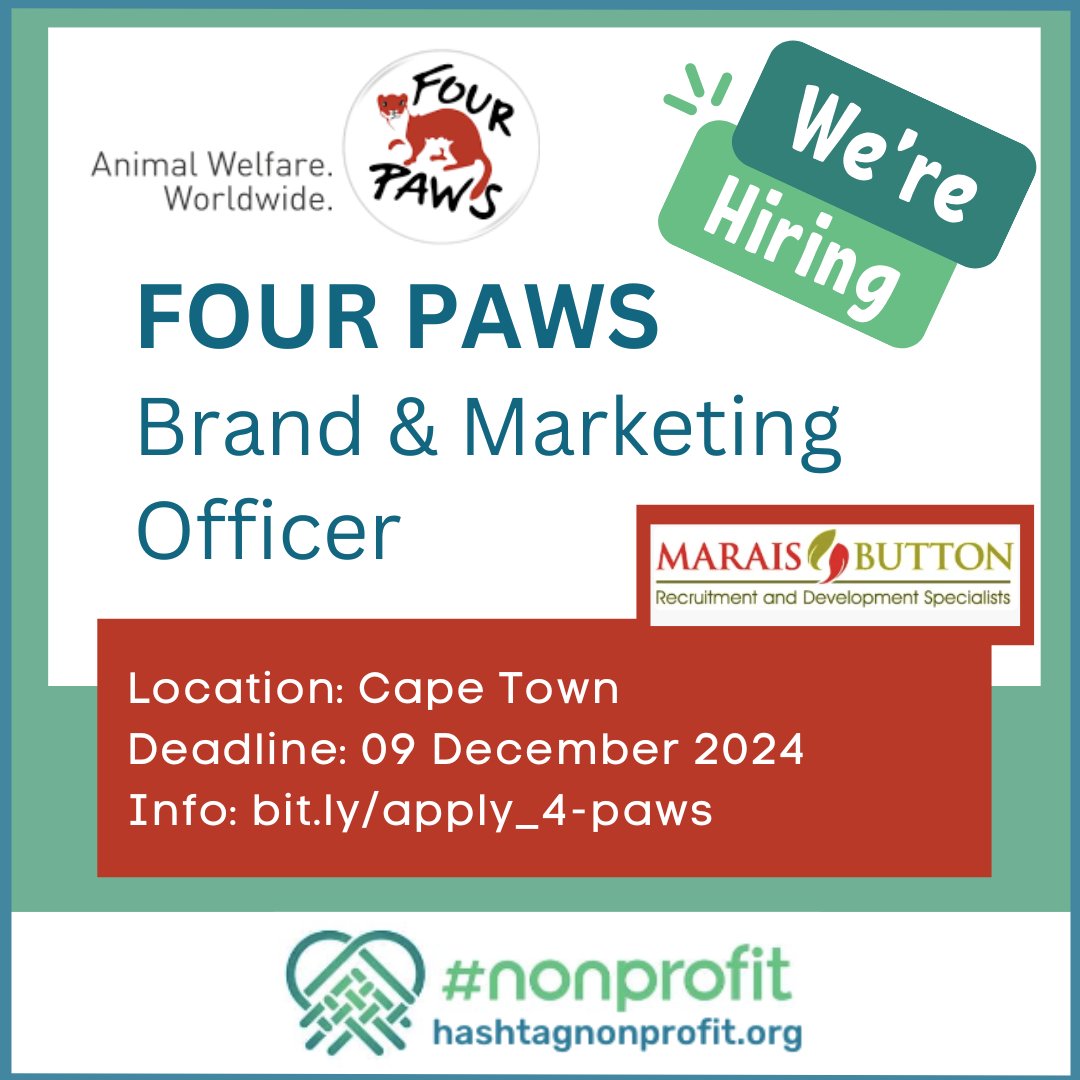 Hashtag Nonprofit (@hashtagnpo) on Twitter photo #VACANCY ALERT 📢
Brand and Marketing Officer
Organisation: FOUR PAWS
Location: Cape Town
Apply by: 09 Dec
Info: bit.ly/apply_4-paws
<a href="/FOURPAWSZA/">FOUR PAWS South Africa</a> <a href="/kagisodoc/">Collen Kagiso Mogwera 🇿🇦</a> <a href="/yuthconnect/">yüthconnect.</a> #JobSeekersSA #vacancies #employment #SouthAfrica #VACANCY ALERT 📢
Brand and Marketing Officer
Organisation: FOUR PAWS
Location: Cape Town
Apply by: 09 Dec
Info: bit.ly/apply_4-paws
<a href="/FOURPAWSZA/">FOUR PAWS South Africa</a> <a href="/kagisodoc/">Collen Kagiso Mogwera 🇿🇦</a> <a href="/yuthconnect/">yüthconnect.</a> #JobSeekersSA #vacancies #employment #SouthAfrica