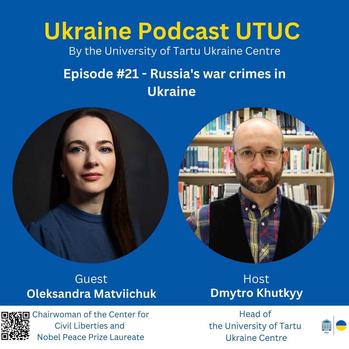University of Tartu Ukraine Centre - UTUC (@tartuutuc) on Twitter photo Russia has committed numerous war crimes in Ukraine. We discuss them with <a href="/avalaina/">Oleksandra Matviichuk</a>, Chairwoman of the <a href="/ccl_ua/">Center for Civil Liberties</a> and Nobel Peace Prize Laureate. open.spotify.com/episode/5E6H8d… We appreciate help by <a href="/holovnenko/">Anastasiia Holovnenko</a>. Thanks to <a href="/tompritchard22/">Thomas</a> at <a href="/skytteUT/">Skytte Institute UT</a> <a href="/TartuUTUC/">University of Tartu Ukraine Centre - UTUC</a> for design and sound editing Russia has committed numerous war crimes in Ukraine. We discuss them with <a href="/avalaina/">Oleksandra Matviichuk</a>, Chairwoman of the <a href="/ccl_ua/">Center for Civil Liberties</a> and Nobel Peace Prize Laureate. open.spotify.com/episode/5E6H8d… We appreciate help by <a href="/holovnenko/">Anastasiia Holovnenko</a>. Thanks to <a href="/tompritchard22/">Thomas</a> at <a href="/skytteUT/">Skytte Institute UT</a> <a href="/TartuUTUC/">University of Tartu Ukraine Centre - UTUC</a> for design and sound editing