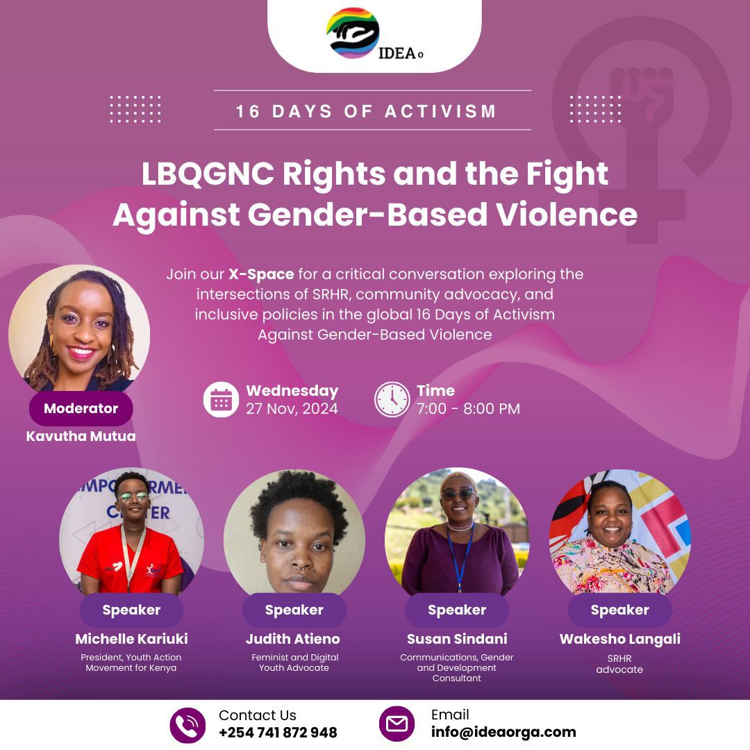Tomorrow, join our X Space  to discuss the urgent issue of gender-based violence. Let's raise our voices and demand change! 📢
Your participation matters .
#16DaysOfActivism #OurHealthOurRights #IDEAo  <a href="/KELINKenya/">KELIN</a>, <a href="/TICAH_KE/">TICAH_KE</a>, <a href="/TheLegalCaravan/">The Legal Caravan</a>, <a href="/AllOut/">All Out</a>, <a href="/OurVoicesCountC/">Our Voices Count Consortium</a>