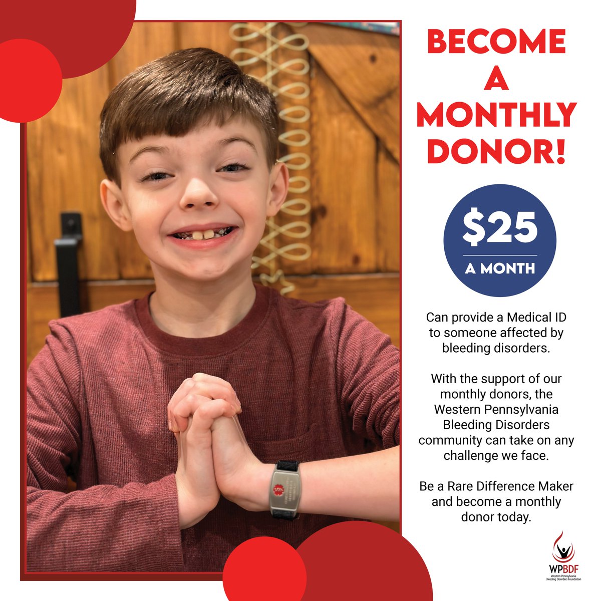 WPABDF's tweet image. Become a monthly donor today to help us provide continuous support and education to those affected by bleeding disorders. For just $25 a month, you can provide a lifesaving Medical ID to someone affected by bleeding disorders.  wpbdf.org/donations/
