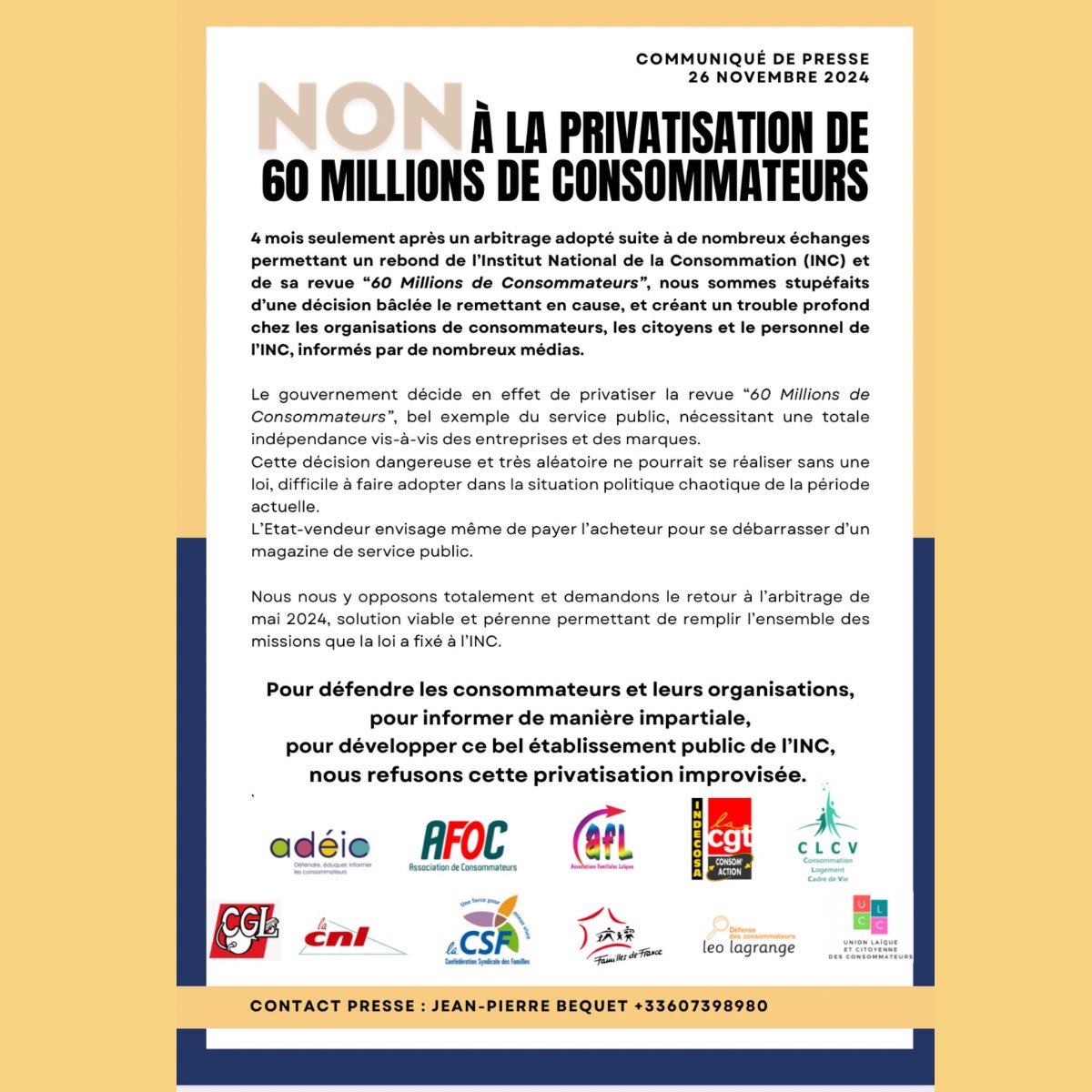 Association Léo Lagrange défense des consommateurs (@alldc_conso) on Twitter photo 🚨Non à la privatisation de <a href="/60millions/">60 Millions de consommateurs</a> , il en va de l’intérêt des #consommateurs français !
L’ @leolagrangeconso avec 10 autres associations nationales agréées signent un communiqué de presse commun pour alerter le grand public
#consommation #presse 🚨Non à la privatisation de <a href="/60millions/">60 Millions de consommateurs</a> , il en va de l’intérêt des #consommateurs français !
L’ @leolagrangeconso avec 10 autres associations nationales agréées signent un communiqué de presse commun pour alerter le grand public
#consommation #presse