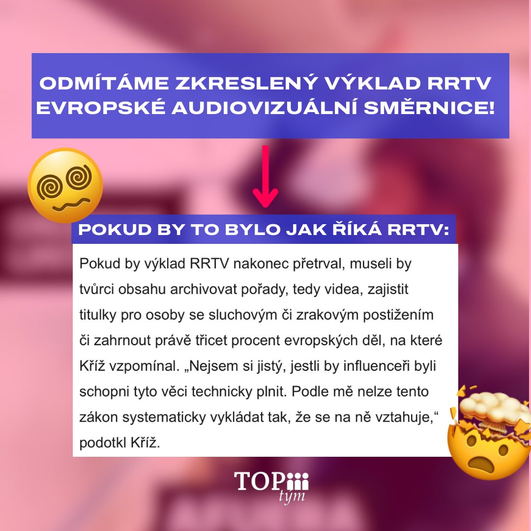 TOPtym's tweet photo. Odmítáme zkreslený výklad Rady pro rozhlasové a televizní vysílání ohledně evropské audiovizuální směrnice!
Jde o naprostý nonsens zbytečně šikanující influencery a vlastně kohokoli, kdo pravidelně přidává obsah na sociální sítě. 

Zdroj citace advokáta Kříže: Reflex

#milei https://t.co/gJvhgDPIyI