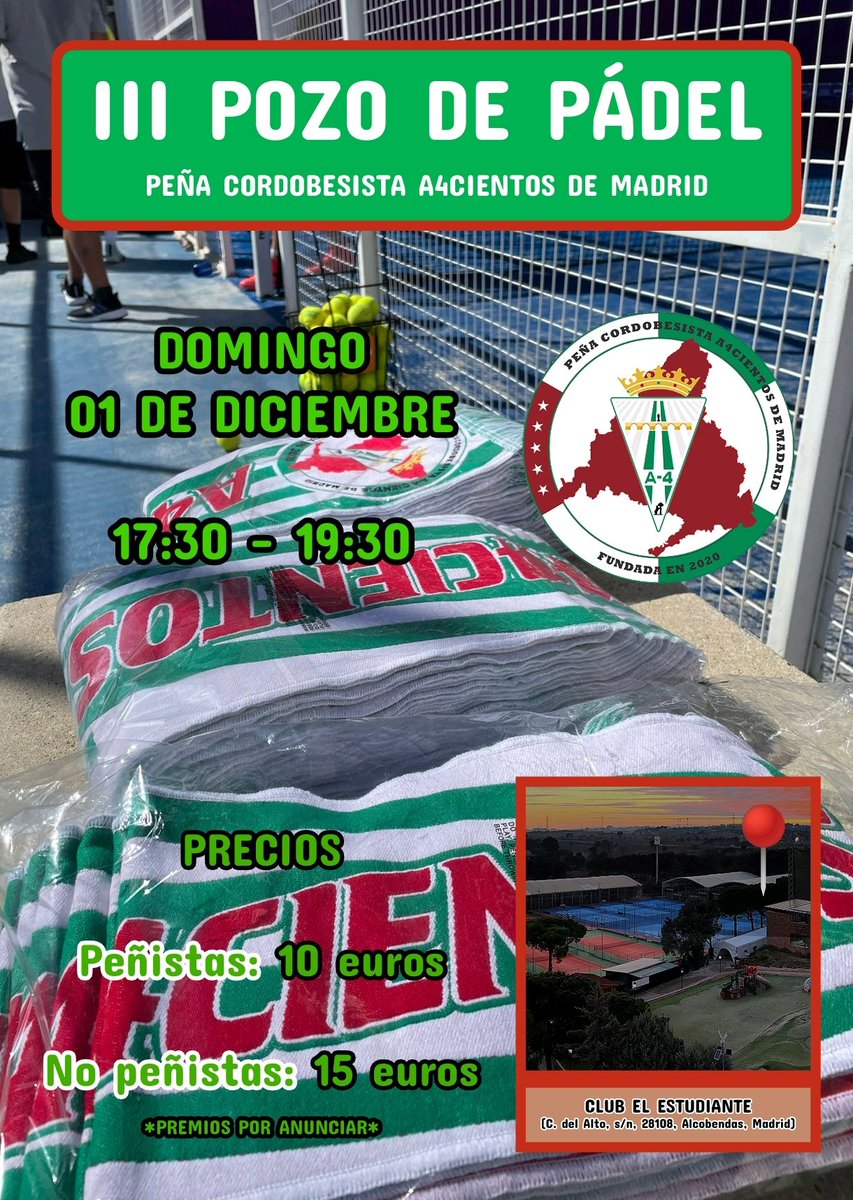 a4cientos's tweet photo. 🤍💚❤️ III POZO DE PÁDEL A4CIENTOS

📆 Domingo, 01 de diciembre 
🕠 17:30 a 19:30
📌 Club El Estudiante, Calle del Alto, s/n, 28108, Alcobendas, Madrid

🚨 PLAZAS LIMITADAS 🚨

📥 INSCRIPCIÓN 📥

https://t.co/snhOObLqZ6 https://t.co/2lJSBOtCdx