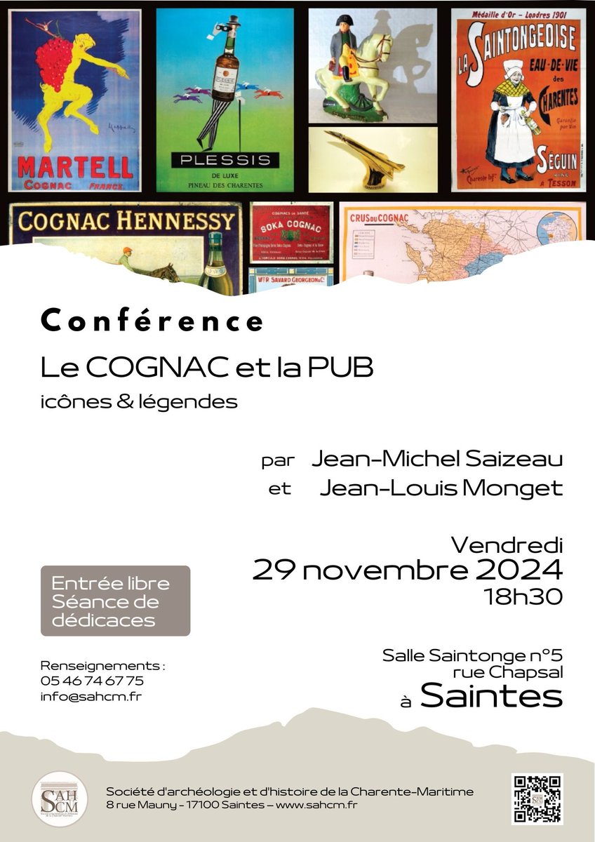 Ro_Charrier's tweet photo. 📢 Conférence #SahCM "Le Cognac et la pub - icônes & légendes" avec Jean-Michel Saizeau et Jean-Louis Monget, à l'occasion de la sortie de leur livre.
📅 Vendredi 29 novembre
⏰ 18h30
📍 Salle Saintonge n°5 à #Saintes
Conférence sera suivie d'une séance de dédicaces
#cognac https://t.co/oeIpAosYKl