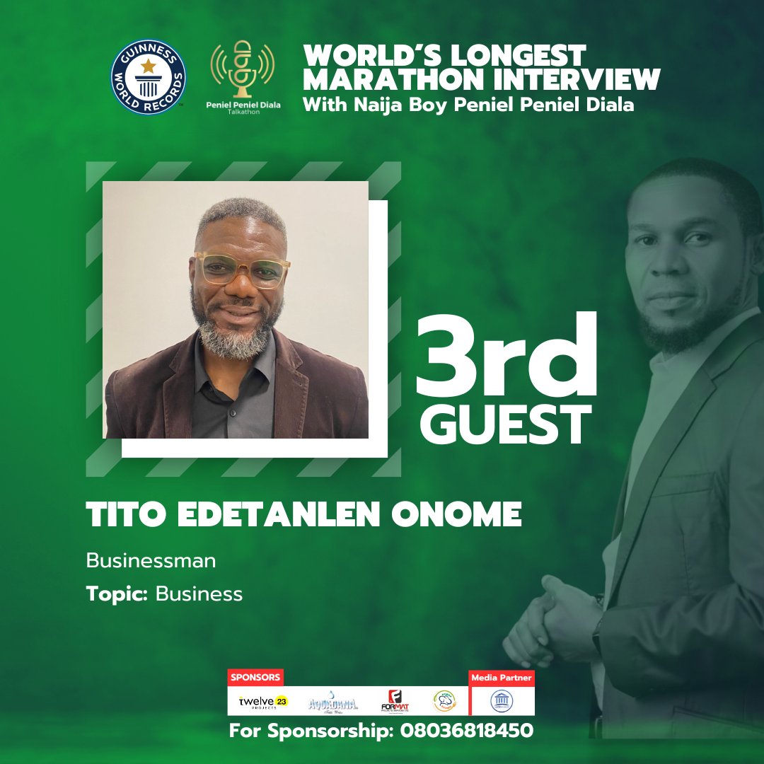 peniel_diala's tweet photo. Meet our 3rd guest for the World's Longest Marathon Interview Mr. Tito Edetanlen Onome!
#WorldsLongestInterview #MakingHistory #GuinnessWorldRecord #PenielDialaTalkathon #PenielPenielDiala
#LongestMarathonInterview
#WorldRecordAttempt
#RecordBreakingEvent https://t.co/bDWrZMuFCv