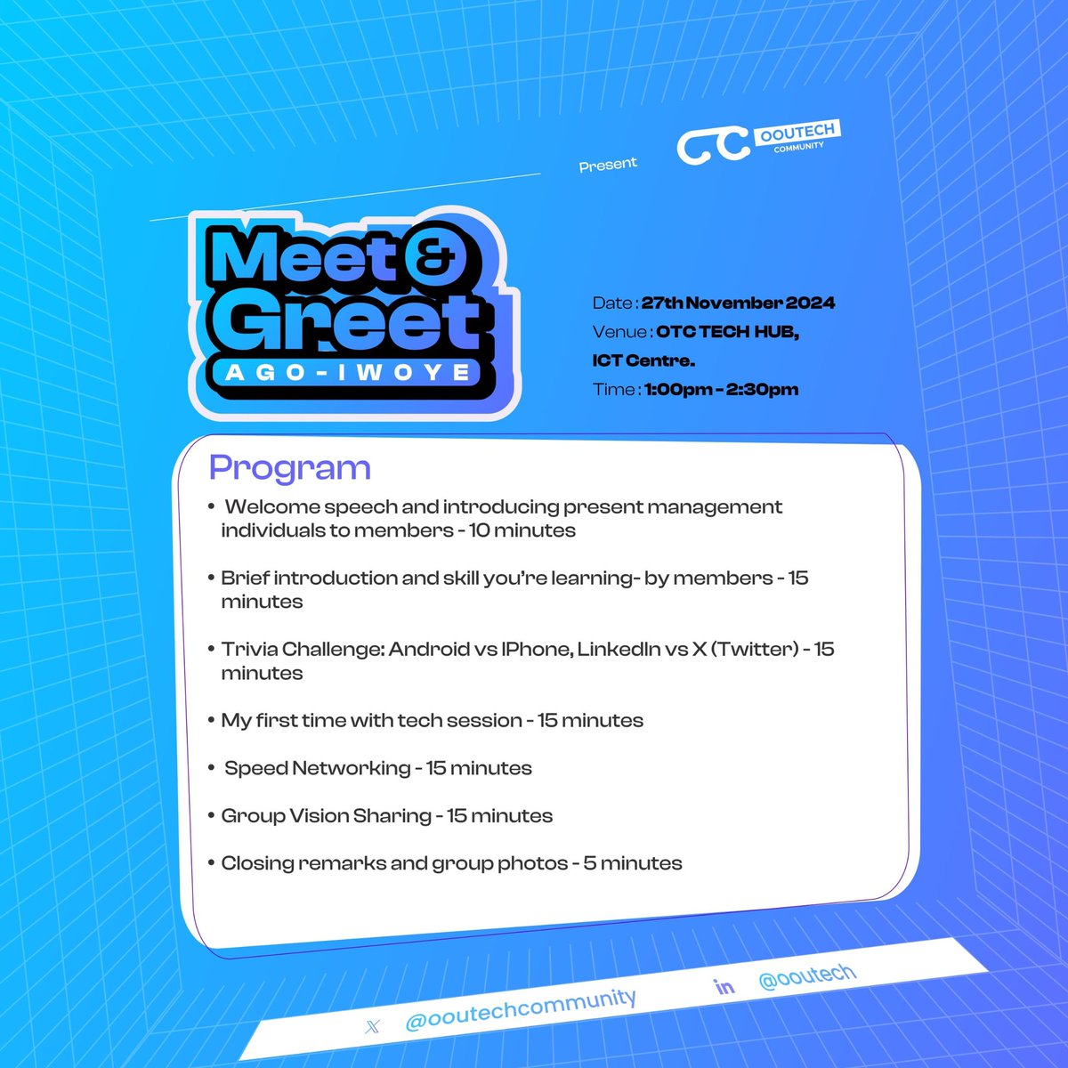 OOU_Tech's tweet image. Techies, Assemble🔥
The  OTC Meet &amp;amp; Greet is here, and Now in Ago Campus 🥳

You&apos;ll get to
💬 Meet like-minded techies.
🎯 Share ideas.
🤝 Build amazing connections.

On 27th Nov. by 1:00PM 
at OTC TECH HUB
Don’t just hear about it later,be part of the moment🚀
#OOUTECHCOMMUNITY