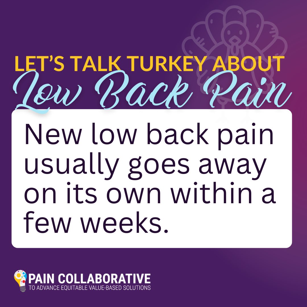 Let's #TalkTurkeyAboutLowBackPain
You may think once #LowBackPain starts, it will never improve but most new LBP gets better in a week or 2. Acupuncture, spinal manipulation &amp; PT can decrease pain during that time. #LowBackPainRealities <a href="/OGdukeneurosurg/">Oren Gottfried, MD</a> <a href="/chadcookpt/">ChadCookPT</a> <a href="/DukeHealth/">Duke Health</a>