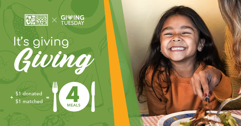 hawaiifoodbank's tweet photo. For families facing hunger, your compassion and generosity can turn meals into hope this holiday season. And thanks to a $50k match from @Amazon, your gift will have 2X the impact.

Your #GivingTuesday donation will be matched to provide twice as many meals. It's giving "giving."