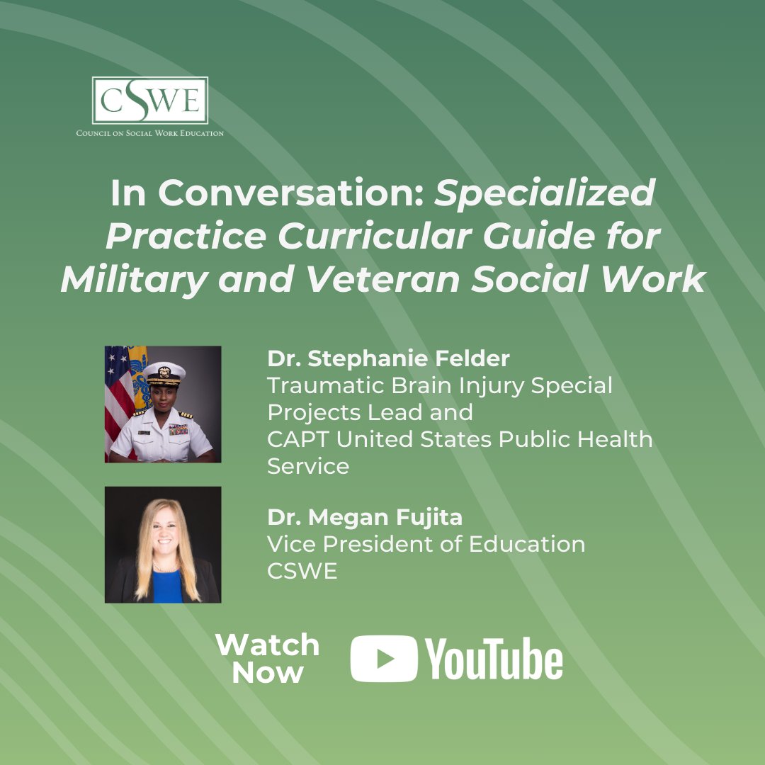 CSocialWorkEd's tweet image. Watch CSWE&apos;s Vice President of Education, Dr. Megan Fujita, and Dr. Stephanie Felder, a Captain in the U.S. Public Health Service Commissioned Corps discuss the current state of military and social work practice. Watch the full conversation here: youtube.com/watch?v=1A_ZxL… #onecswe