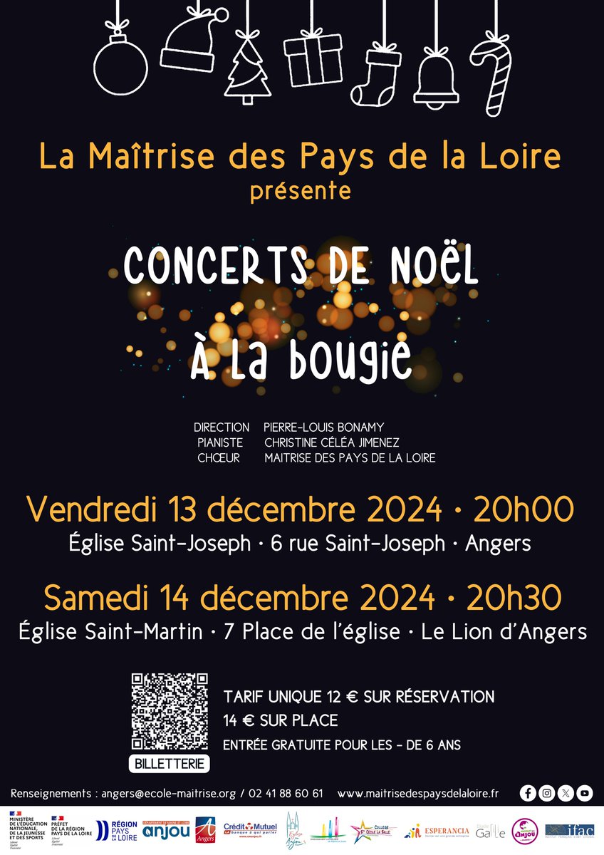 🎄Les concerts de Noël à la bougie🕯️!
La Maîtrise présentera 2 concerts de Noël à la bougie le vendredi 13 déc. à l'église St Joseph Angers et le samedi 14 déc. à l'église St Martin au Lion d'Angers !

Billetterie et infos : helloasso.com/associations/m…

#Angers #CultureAngers