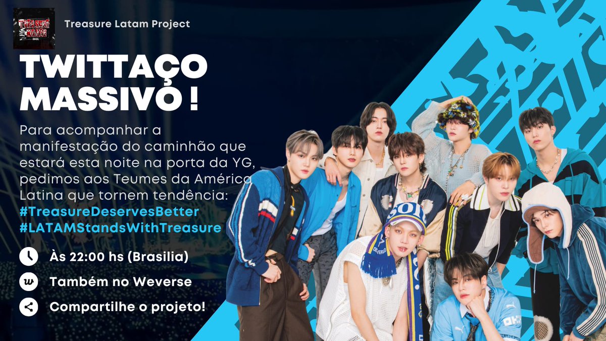 📢 TWITTAÇO MASSIVO!

Para acompanhar a manifestação do caminhão que estará esta noite na porta da YG, pedimos aos Teumes da América Latina que tornem tendência:
#TreasureDeservesBetter
#LATAMStandsWithTreasure

⏰ Hoje às 22:00 (Horário de Brasília)
🌐 Também no Weverse
📢