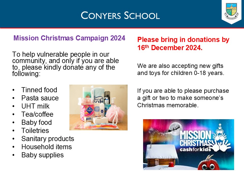 🎄 Mission Christmas Campaign 2024 🎄
We are launching our annual Mission Christmas Campaign to help vulnerable people in our community. If you’re able to give, your contribution can make a real difference to someone in need. ❤️
#WeAreConyers