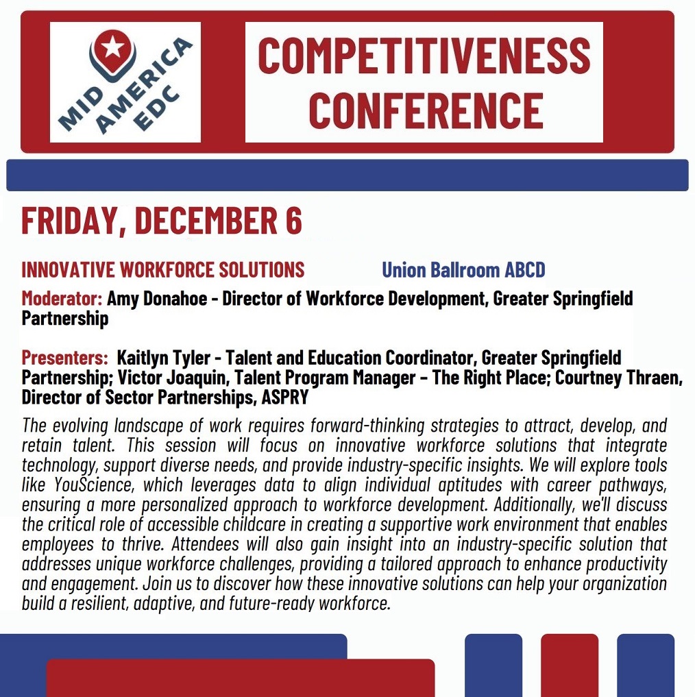_MAEDC's tweet image. Join us on 12/6 for &quot;Innovative Workforce Solutions&quot;! Explore tools like YouScience, the importance of accessible childcare, and industry strategies to boost productivity. Let’s build a resilient, future-ready workforce together! midamericaedc.org/media/userfile… #MidAmericaEDC #CompCon24