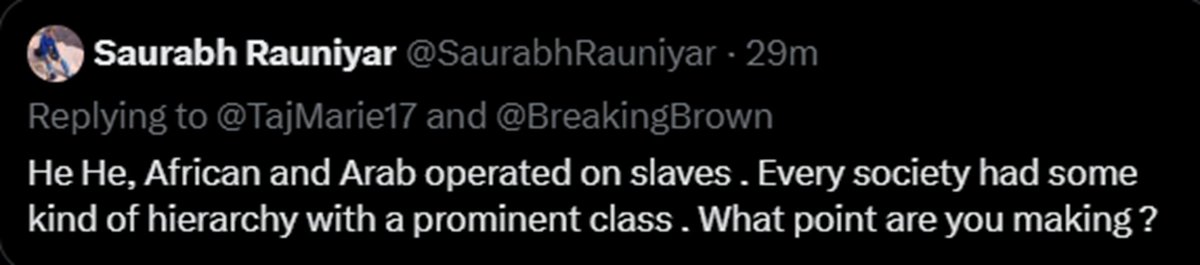 TajMarie17's tweet photo. But only the US practiced Chattel Slavery.

But I guess you find human trafficking, r*ping, murdering, lynching, and the separation of children during slavery funny as well.

Thanks for showing us that Indians are just as (if not more than) #antiADOS and racist as white people. https://t.co/M7lsDP4dHL