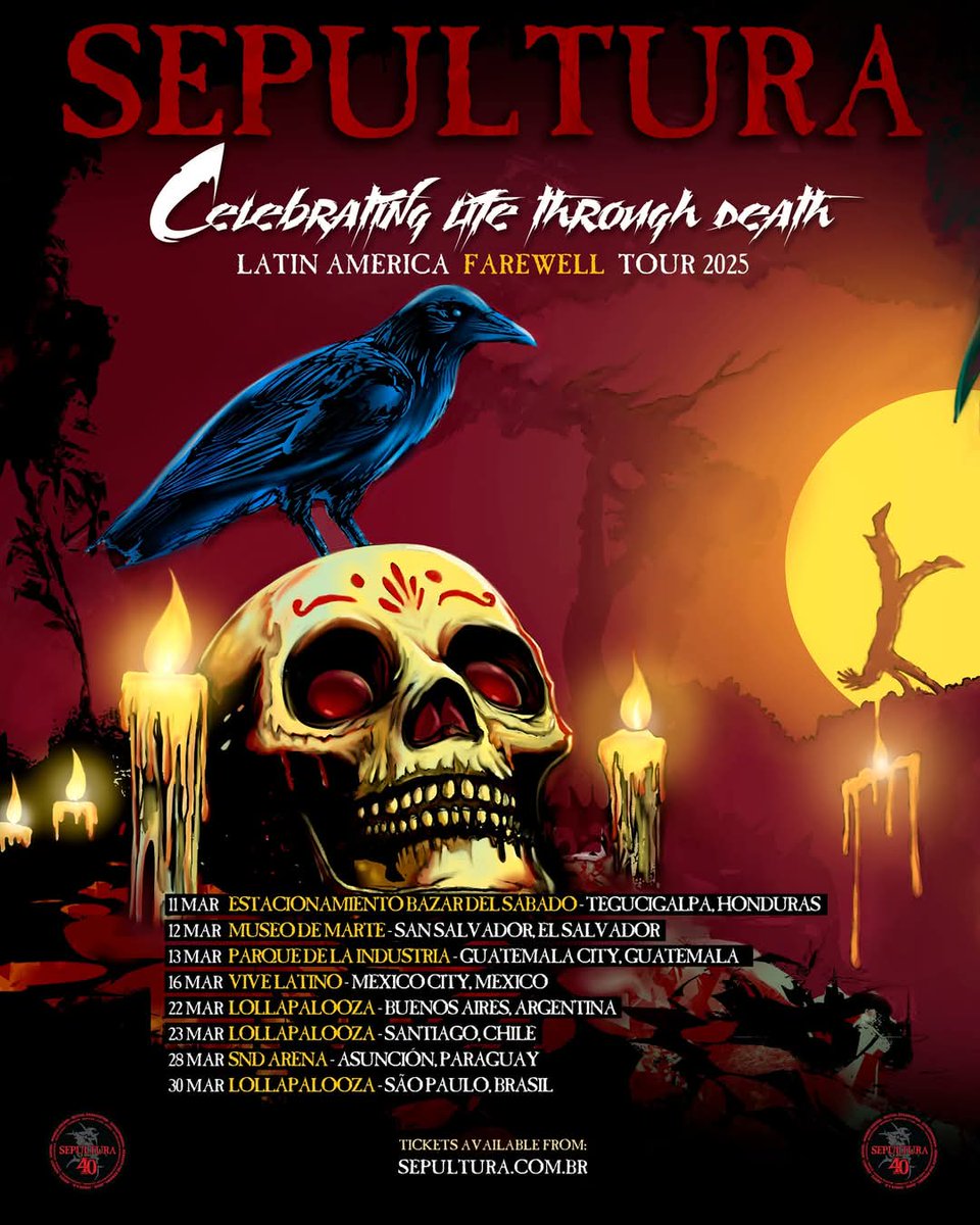 sepulturacombr's tweet photo. We’re thrilled to announce that our "Celebrating Life Through Death" tour is returning to Latin America in 2025! 

In addition to our festival dates in Mexico, Brazil, Chile, and Argentina, we’ve added exclusive shows in Honduras, El Salvador, Guatemala, and Paraguay! 💥 https://t.co/29txxQpgyw