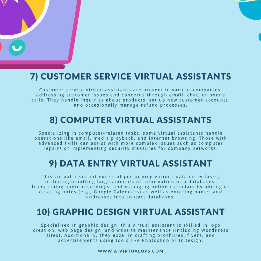 AIVirtualOps's tweet photo. Discover the 10 types of Virtual Assistants! From tech pros to creative experts, see how they’re reshaping the digital world. 

#VirtualAssistants #VA #TechMagic #DigitalSupport
#AIVirtualOps #AIVO https://t.co/qzfqxDzOMo