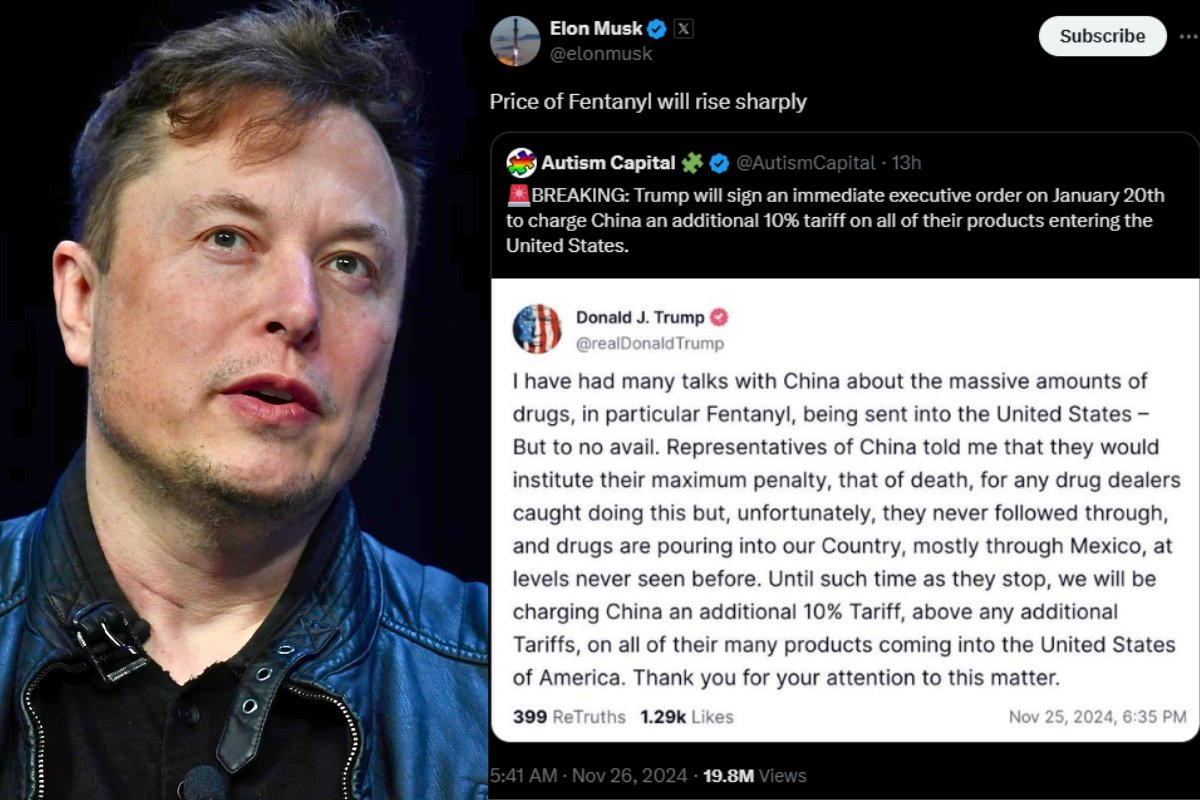 RealMartyT7's tweet photo. Elon Musk says “price of Fentanyl will rise sharply” due to Trump tariffs on Canada, Mexico and China. Hey Elon. Drug smugglers do not pay tariffs. This will not effect the price of fentanyl at all.What do ya think the drug cartels will do? Declare their shipments of illegal drugs at customs and pay their tariff ? Good Lord we are in for a long 4 years.

#DemVoice1   #ProudBlue   #DemsUnited