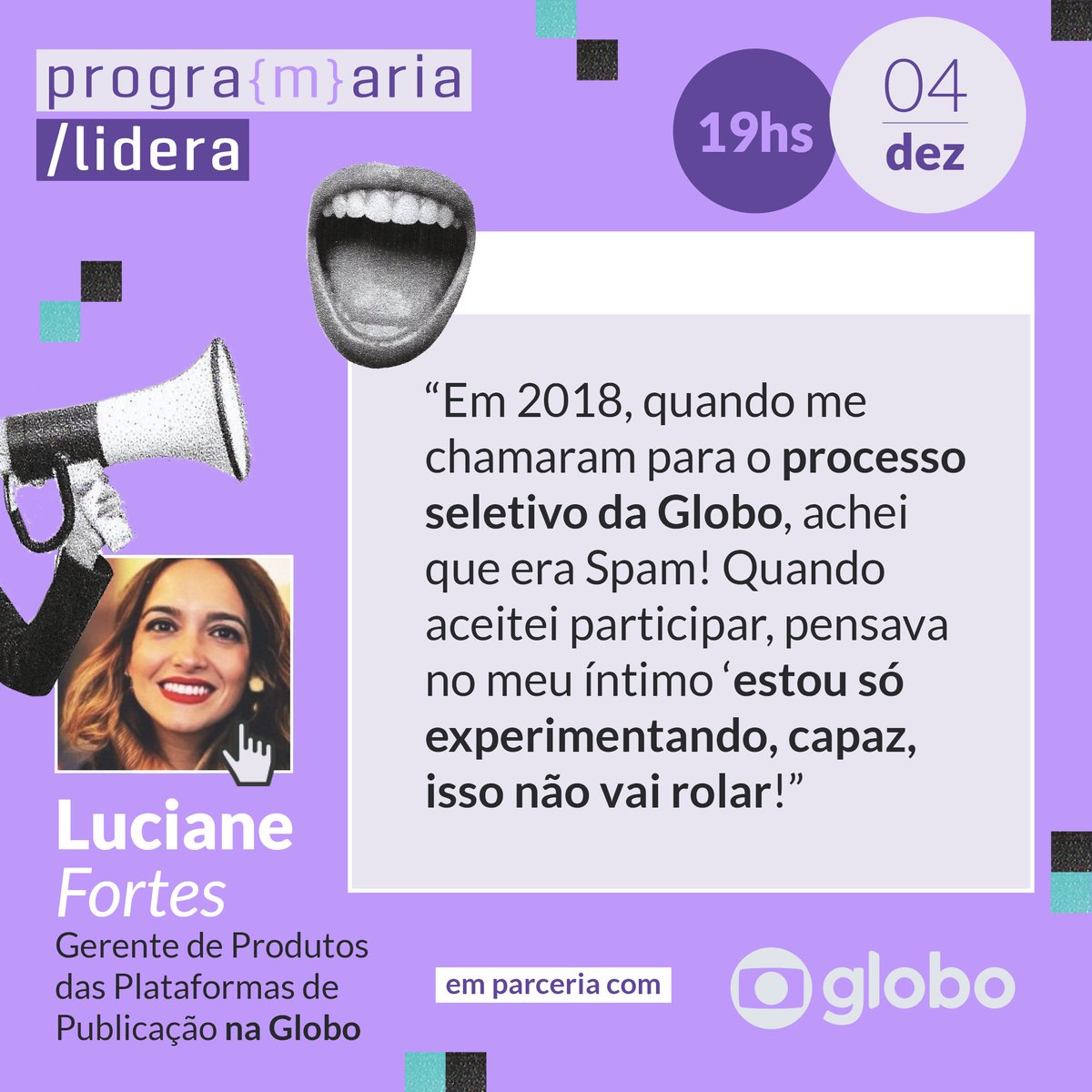 programaria's tweet image. Xô, síndrome da pessoa impostora! 🤚🏽

Em 2018, Luciane Fortes achava que grandes oportunidades não eram para ela. Hoje, lidera na Globo e vai compartilhar sua trajetória no PrograMaria Lidera!

🔗Inscreva-se gratuitamente: bit.ly/lidera-globo

#PrograMariaLidera #lideranca