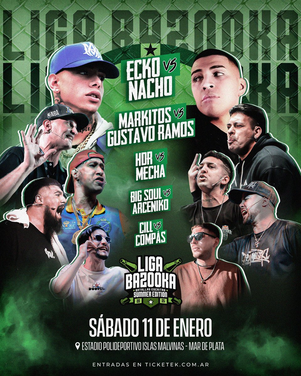 ¡BAZOOKA EDICIÓN VERANO! 🌊
Por primera vez, la liga se traslada de Buenos Aires a Mar del Plata para una “Summer Edition” con 5 batallas nacionales 🔥, culminando en un estelar de pura tensión: Ecko vs Nacho. ¿Estás listo para este evento? 🧵👇
#LigaBazooka #SummerEdition