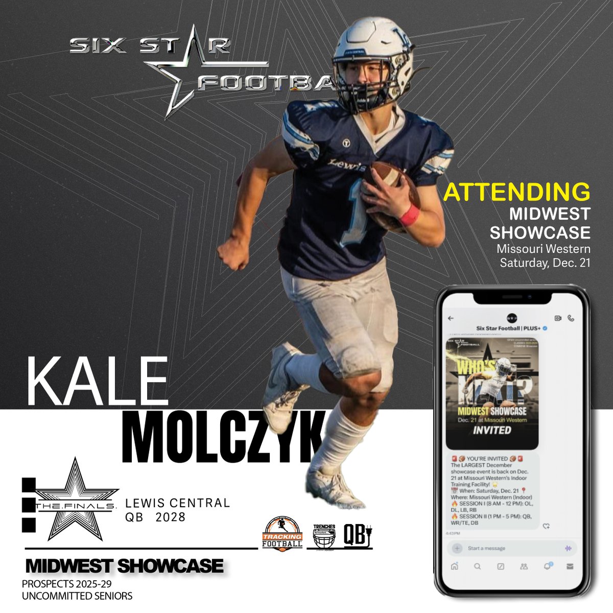 MIDWEST SHOWCASE |  Kale Molczyk

5’10  |  QB  |  2028  |  Lewis Central  (IA) | <a href="/KaleMolczyk/">Kale Molczyk</a>

⭐ Excited to announce Kale Molczyk will be attending the Midwest Showcase!

📆Dec 21
📍Missouri Western

REGISTER/INFO ➡️sixstarfootball.com/six-star-footb…