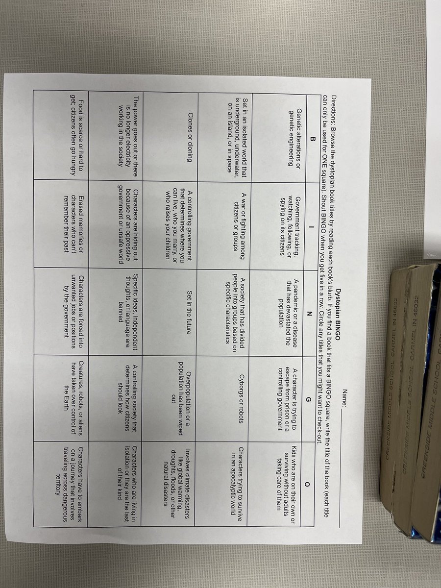 Dystopian BINGO book tastings with 6th grade today