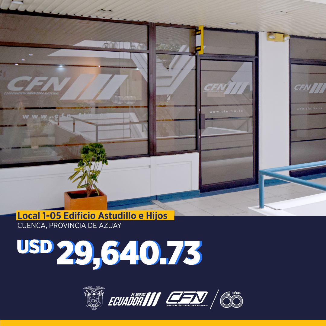 Aprovecha el Remate de Bienes Propios de la CFN, con ítems en zonas de alto movimiento comercial, como oficinas en el edificio "Astudillo &amp; Hijos" de la ciudad de Cuenca. Las ofertas en sobre cerrado se recibirán hasta este martes 26 de noviembre en Guayaquil.

Visita