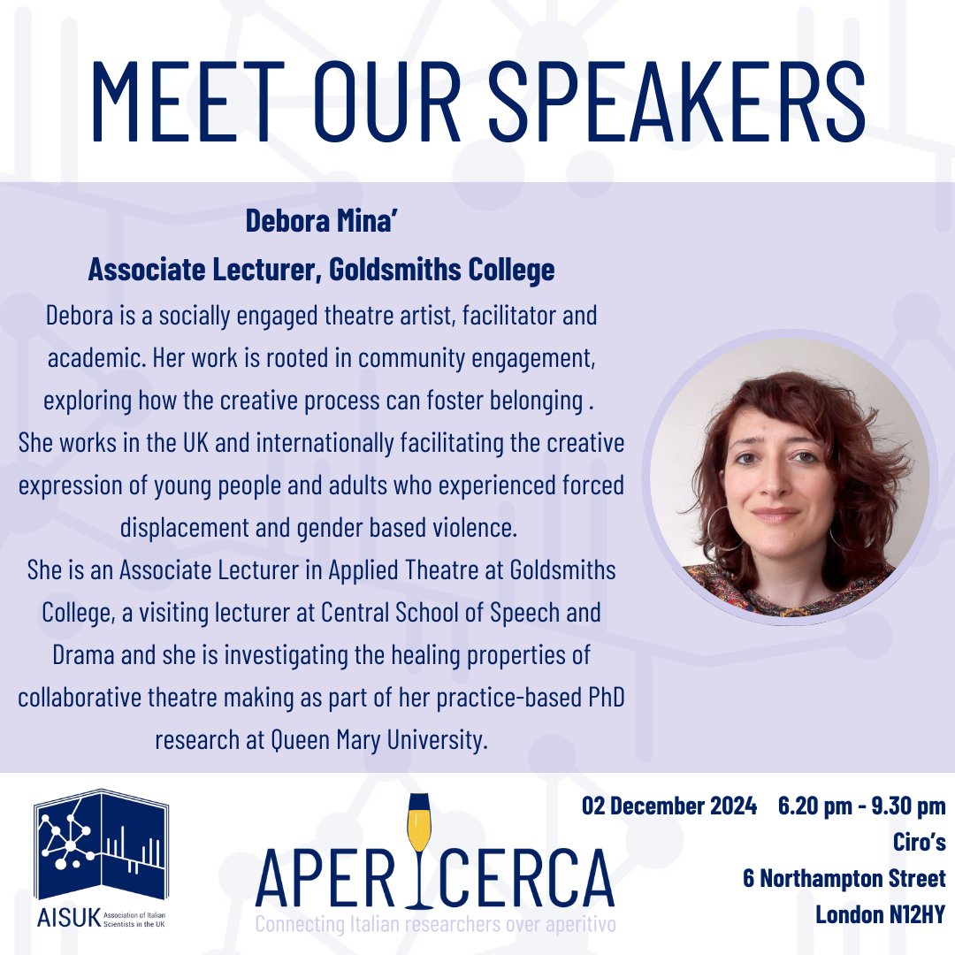 AISUK Association of Italian Scientists in the UK (@aisuk_info) on Twitter photo Less than one week left to the second #APERicerca event for Italian #ECRs 🎉 and we are revealing a bit more about our speakers. Today we are introducing <a href="/animarobed/">Debora Minà</a>!
You can still get your tickets here:
eventbrite.co.uk/e/apericerca-t… Less than one week left to the second #APERicerca event for Italian #ECRs 🎉 and we are revealing a bit more about our speakers. Today we are introducing <a href="/animarobed/">Debora Minà</a>!
You can still get your tickets here:
eventbrite.co.uk/e/apericerca-t…