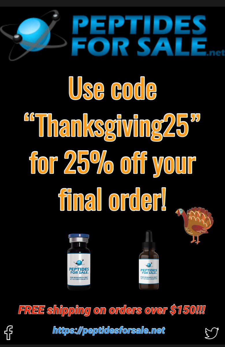 Thanksgiving is in 2 days and we’re getting a head start on the festivities with an early sale! 🦃

Use the code “Thanksgiving25” at checkout for 25% off your final order! Sale ends Sunday Dec 1 @ 11:59PM EST! ⏳

peptidesforsale.net 🕸️

#USApeptides #peptides #research #USA