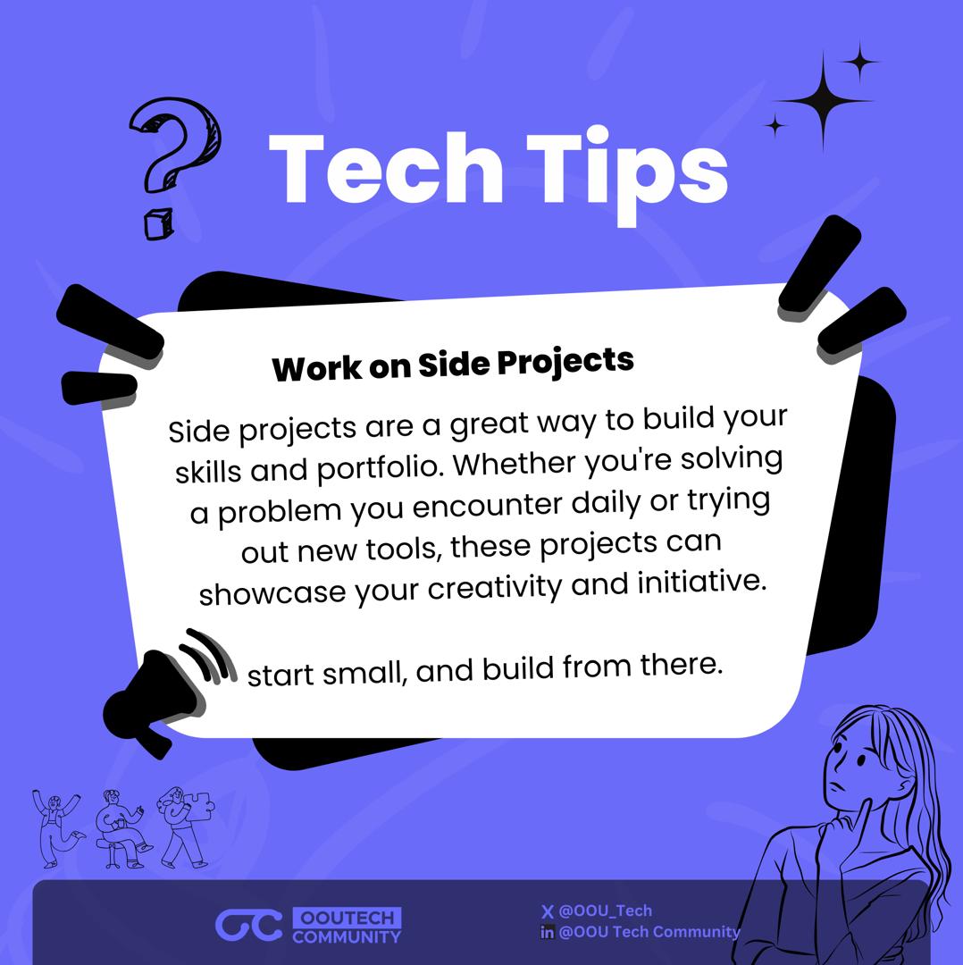 OOU_Tech's tweet image. Tech Tips Tuesday🔥
 
Your next big break could come from a side project! 🚀 Start small, learn big, and showcase your brilliance. 💡 What will you build today? #TechTips #OOUTECHCOMMUNITY