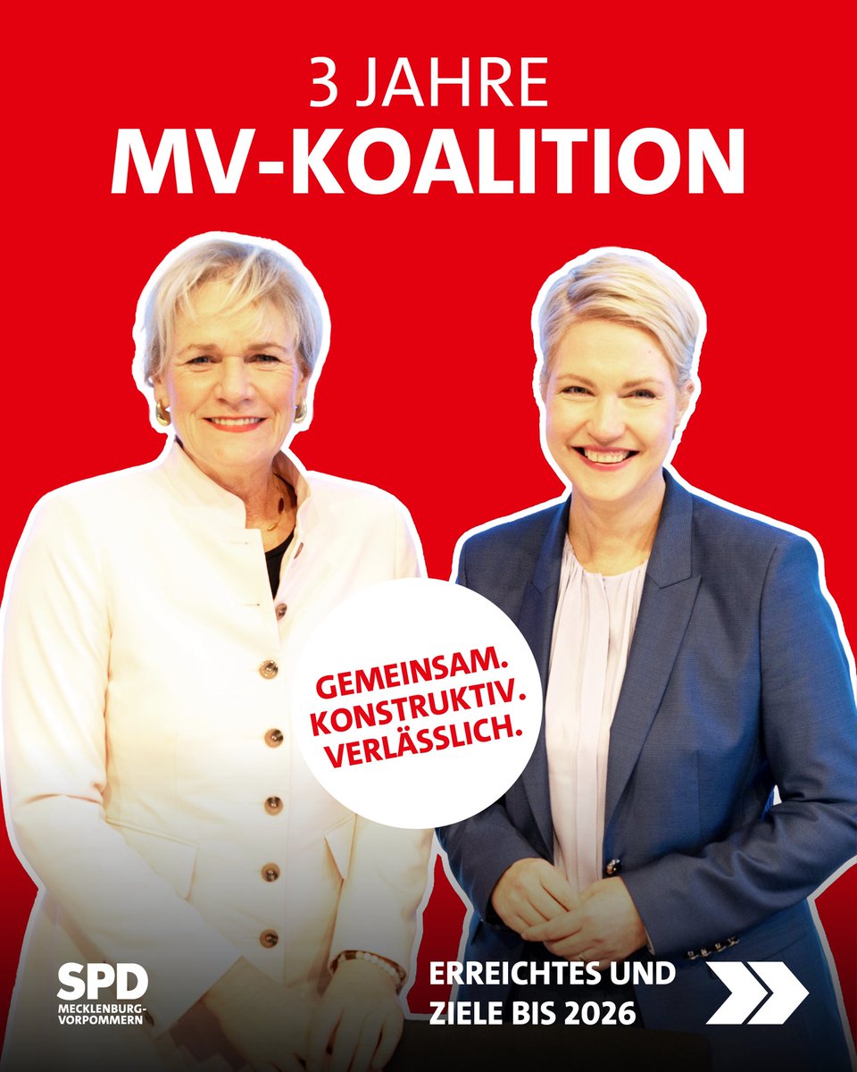 SPDMV's tweet image. 3 Jahre #MVKoalition: Gemeinsam für MV. Konstruktiv und verlässlich

Wir bleiben dran: Mehr Bildung, Klimaschutzgesetz, moderne Krankenhäuser.

#Bilanz #MV