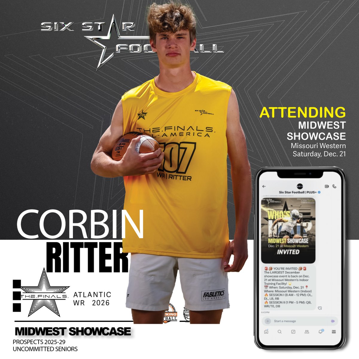 MIDWEST SHOWCASE |  Corbin Ritter

6’2  |  WR   |  2026  |  Atlantic (IA) | <a href="/corbin_ritter/">Corbin Ritter</a>

⭐ Excited to announce Corbin Ritter will be attending the Midwest Showcase!

📆Dec 21
📍Missouri Western

REGISTER/INFO ➡️sixstarfootball.com/six-star-footb…