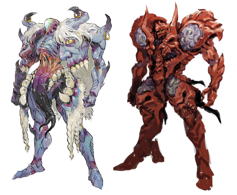 CypressDahlia's tweet image. The blue split demon head design was an extrapolation of a sketch I did last year, on the right. This idea of a giant head or face splitting into two sides of a torso is something that entertains me endlessly. And now it looks like two siblings.