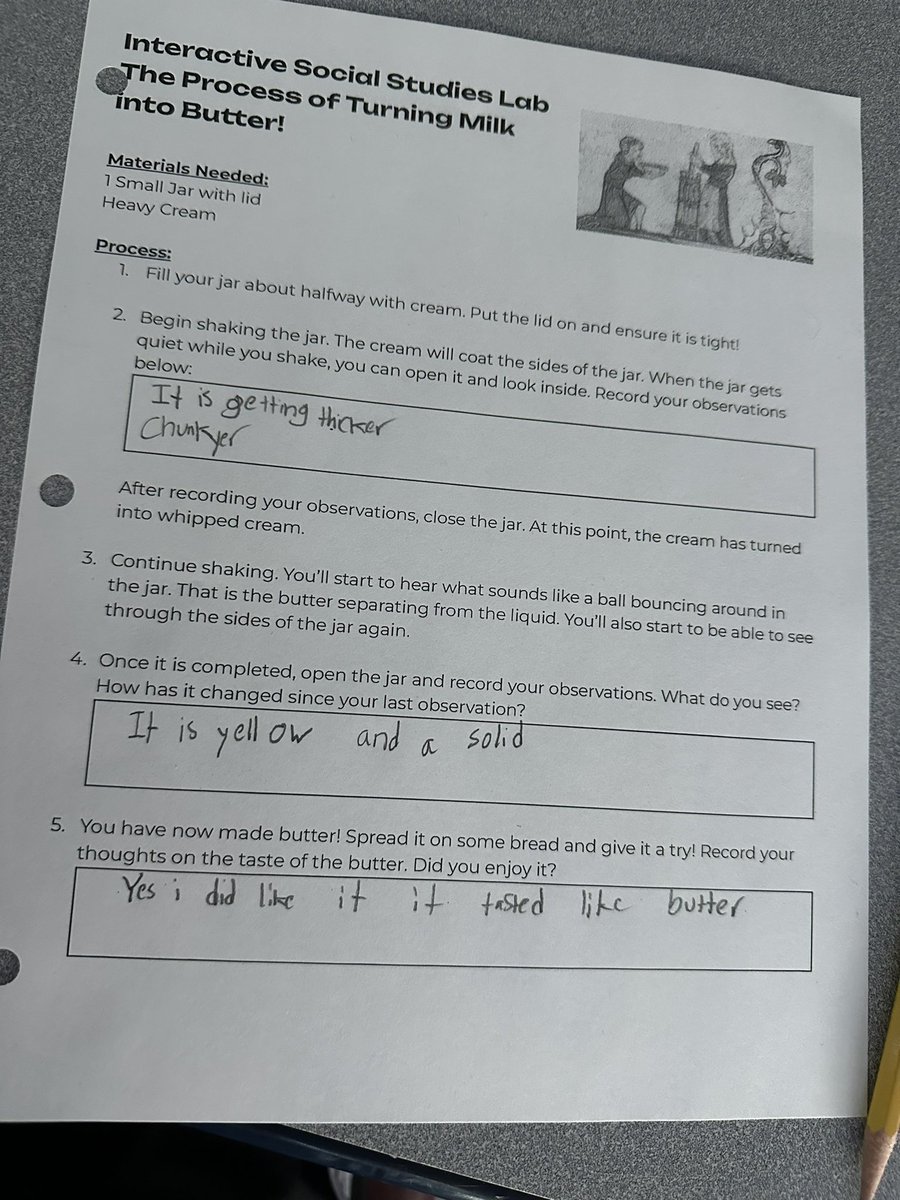 After learning about the daily life of men and women in Medieval Europe, students engaged in a butter making activity. After a bit of work, they were able to taste their homemade butter! <a href="/EPSDLmms/">LMMS</a> #electriczebras #EastPennPROUD