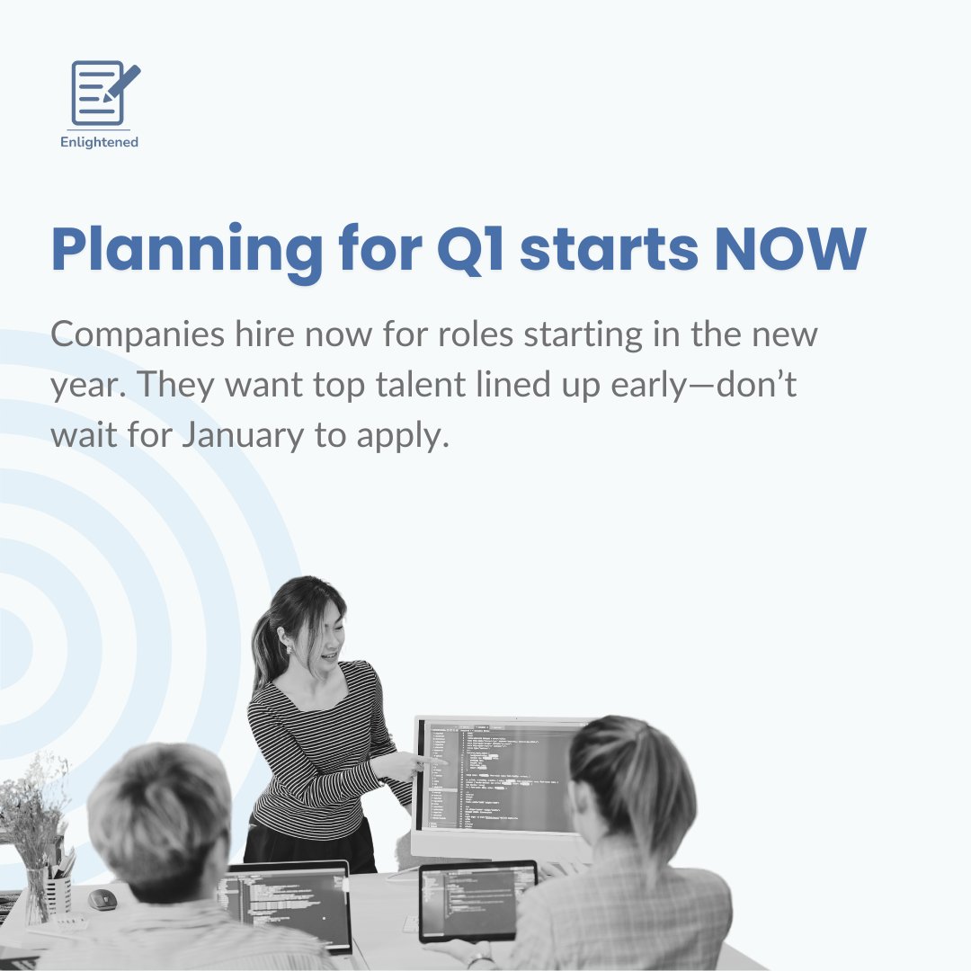 Enlightenedlcs's tweet image. Contrary to popular belief, companies ramp up hiring big time at year-end. Want to know why? Find out below and partner with us to fast-track your applications. DM us now! 🚀 

#YearEndHiring #CareerTips #Career #JobSearch #OpenToWork #HiredLite #CareerGoals