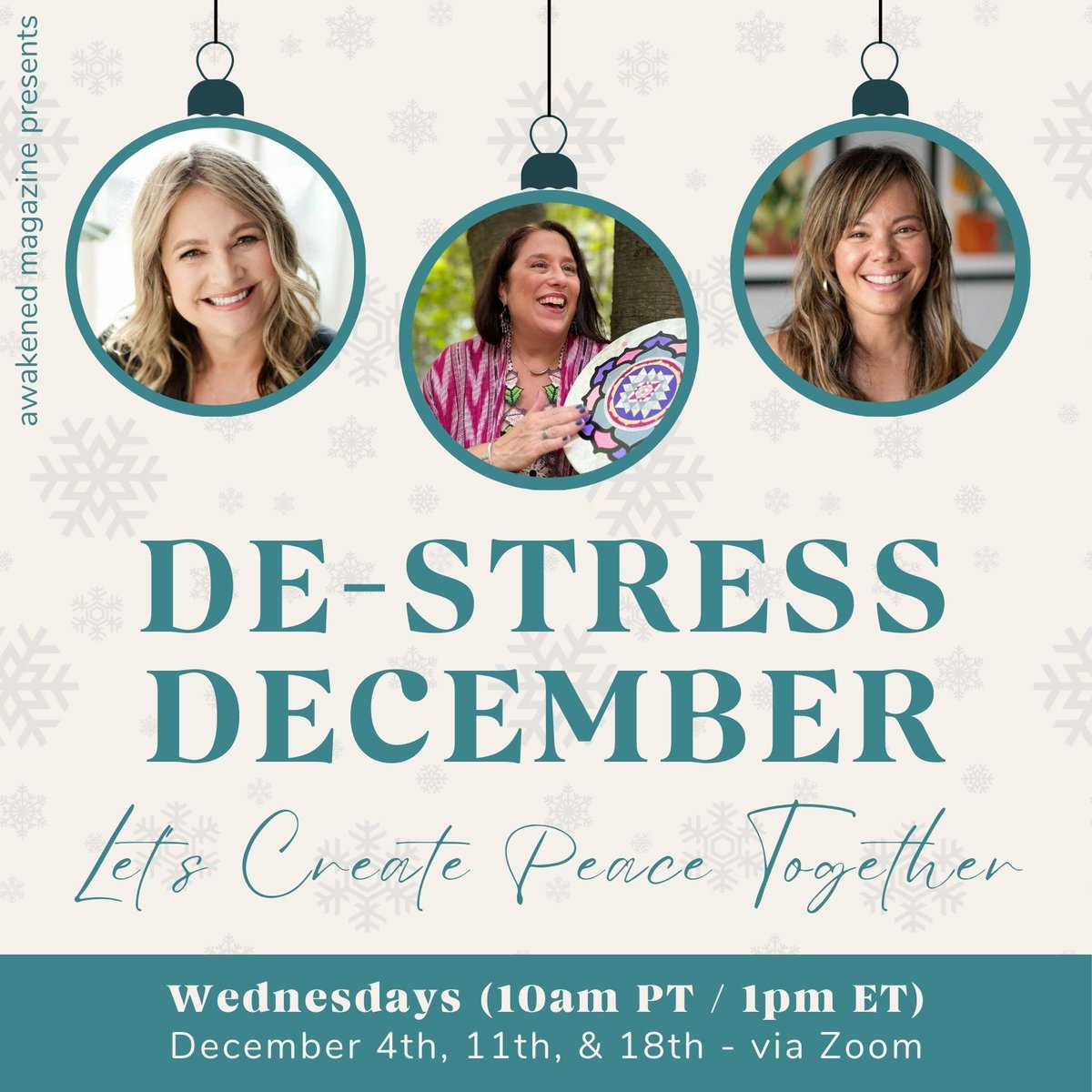 Feeling the STRESS of December? I've lined up three stress-relief experts to help you reclaim your calm during the holidays! Learn more about our free 30-minute midweek break via Zoom at awakenedmagazine.com/destress. #stress #peace #meditation #healing #holidaystress #breathwork