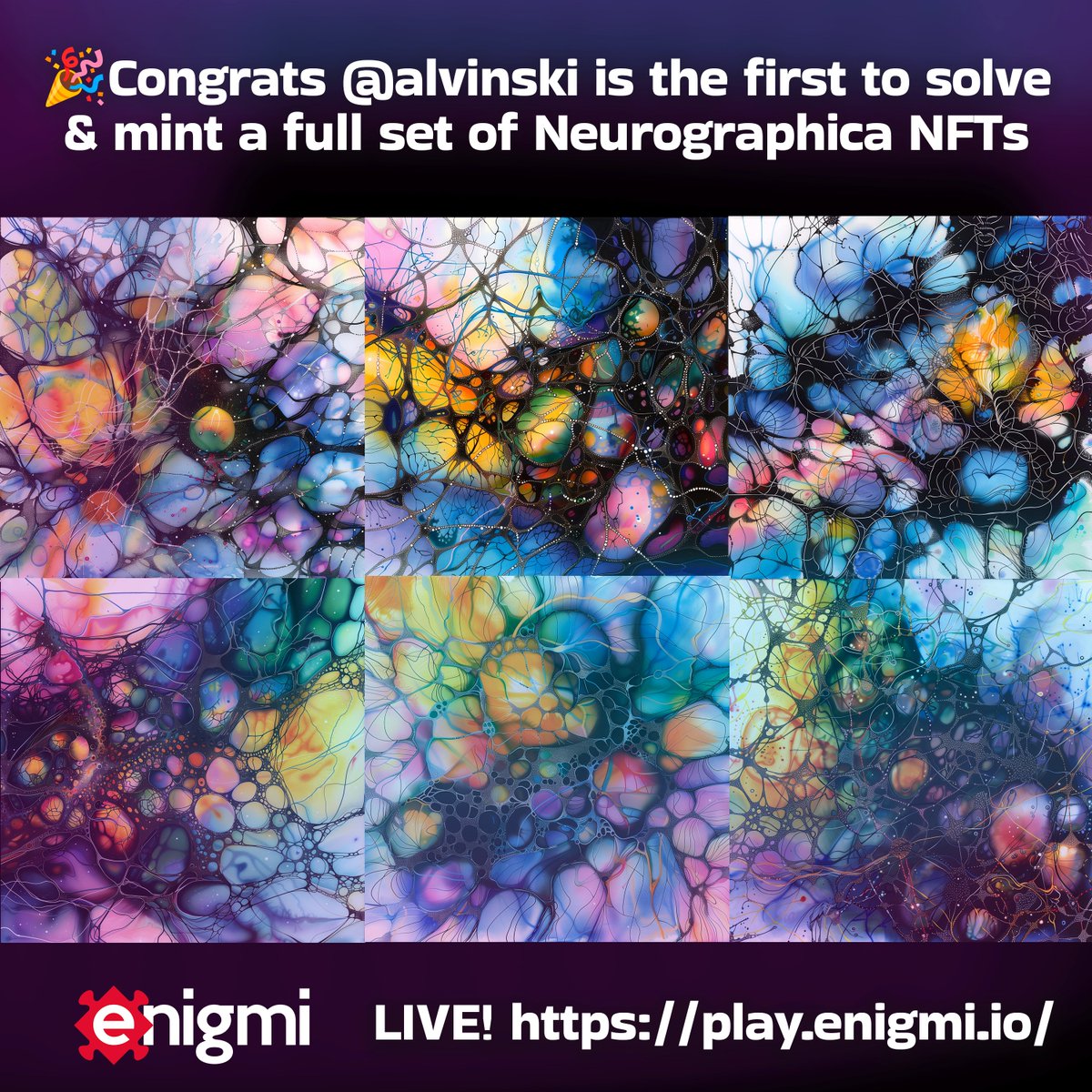 enigmi 🧩 (@enigmi_io) on Twitter photo Huge congratulations to <a href="/alvinski/">allan wright</a> for being the first to complete a full set of "commom" Neurographica NFTs on enigmi. Keep gringing to be first for some "rare" and "epic" NFTs
Join the enigmi discord for your "early bird" role
#enigmi #cardano #P2E #cardanocommunity #NFTs Huge congratulations to <a href="/alvinski/">allan wright</a> for being the first to complete a full set of "commom" Neurographica NFTs on enigmi. Keep gringing to be first for some "rare" and "epic" NFTs
Join the enigmi discord for your "early bird" role
#enigmi #cardano #P2E #cardanocommunity #NFTs