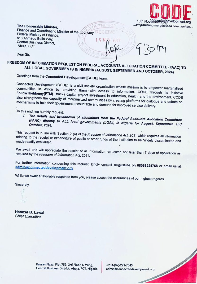 4lowthemoney's tweet photo. 🚨 ATTENTION #ActiveCitizens!🚨
@FinMinNigeria has acknowledged @connected_dev's FOI request for a detailed breakdown of federal allocations to the 774 LGAs for August, September & October 2024.
#FollowTheMoney #Accountability #FOIAct https://t.co/qs9UcW0e2d