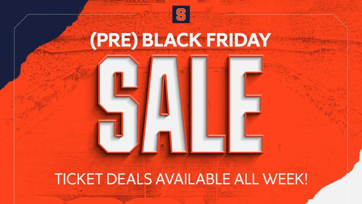 Our pre-black Friday sale ends in two days ‼️‼️

Claim 𝟐 𝐟𝐫𝐞𝐞 𝐭𝐢𝐜𝐤𝐞𝐭𝐬 to this Sunday’s game vs. Yale.
Additional tickets start at just $10. 
Add to cart to see the discount applied.

*Parking is FREE for all home games* 

🔗: cuse.com/blackfriday