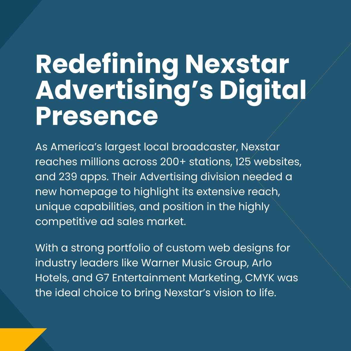 CMYKbk's tweet photo. Crafting a homepage as powerful as Nexstar’s reach 📲 We helped showcase their story, talent, and capabilities in a dynamic, scroll-driven experience that sets them apart.

DigitalDesign #CMYK #CreativeCollaboration #BrandTransformation https://t.co/gMc9tRcUJy