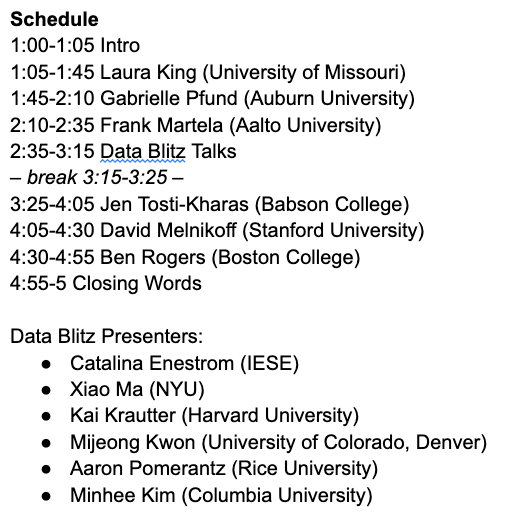 Jon M Jachimowicz (@jonj) on Twitter photo Please come join us at the inaugural Meaning in Life and Work Preconference at <a href="/SPSPnews/">Society for Personality and Social Psychology</a> in Denver!
Hoping to bring together research across psych and OB that has often remained siloed. Schedule below!
spsp.org/events/annual-…
@GabriellePfund <a href="/FrankMartela/">Frank Martela</a> <a href="/DEMelnikoff/">David Melnikoff</a> Please come join us at the inaugural Meaning in Life and Work Preconference at <a href="/SPSPnews/">Society for Personality and Social Psychology</a> in Denver!
Hoping to bring together research across psych and OB that has often remained siloed. Schedule below!
spsp.org/events/annual-…
@GabriellePfund <a href="/FrankMartela/">Frank Martela</a> <a href="/DEMelnikoff/">David Melnikoff</a>