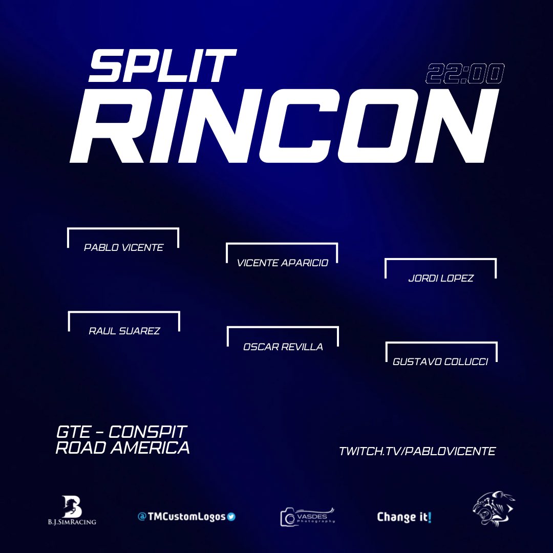 SPLIT RINCON!🏁

Semana 12 en iRacing y nos vamos con una serie “olvidada”, a revivir los viejos tiempos en una combinación que promete espectáculo!🔥

🚗 GTE - Conspit.
🇺🇸 Road America.
⏰ 22:00hs.
📺 Twitch.tv/pablovicente