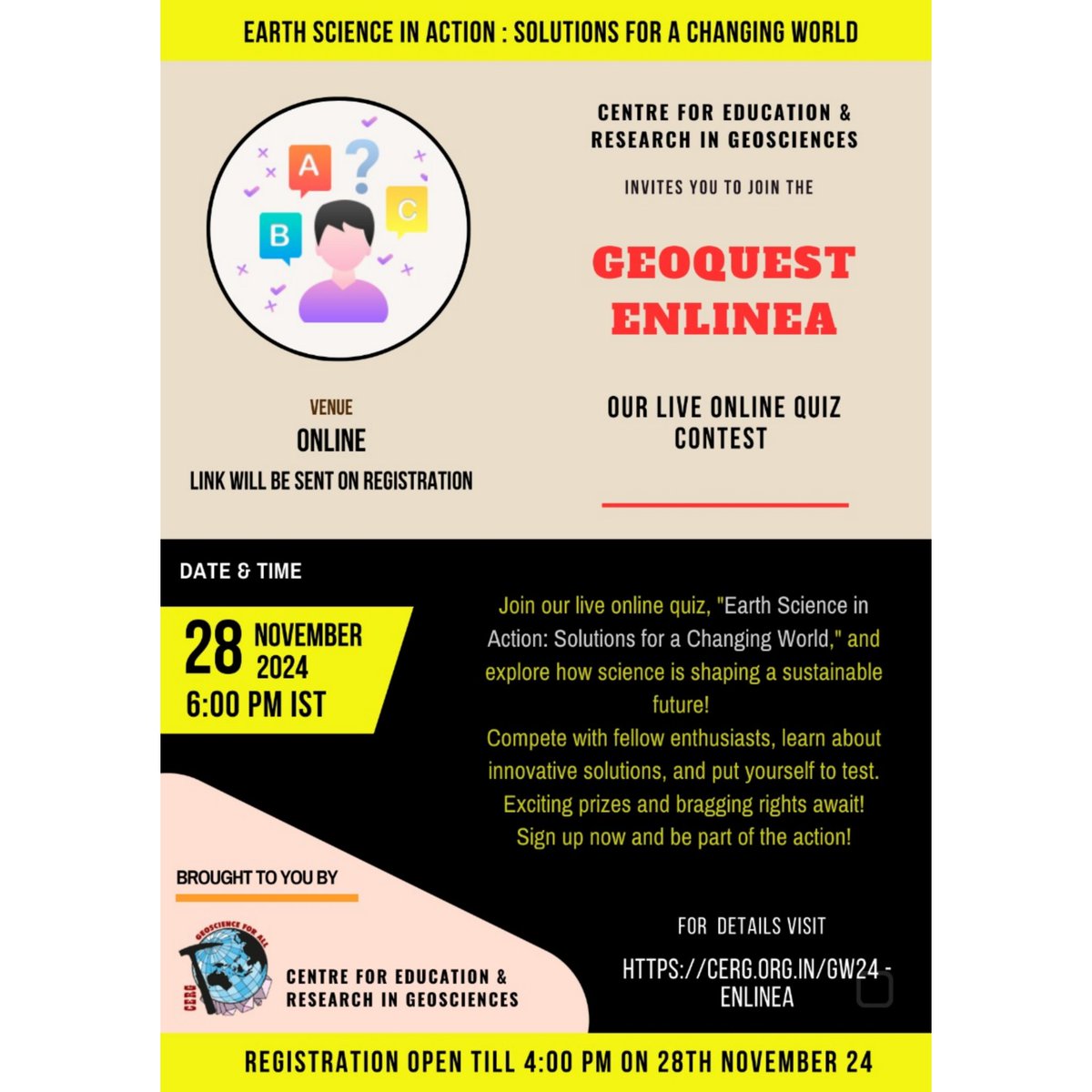 Geoscience4All's tweet photo. Join us for the special edition of the Geoquest Enlinea - The Online Quiz contest. 
Click on this link to register - https://t.co/RQ1L6SUtoI

#quiz #competition #geoscience #earth #science #geology #geography #planet #environment #quest https://t.co/EUU6VBn2ZS
