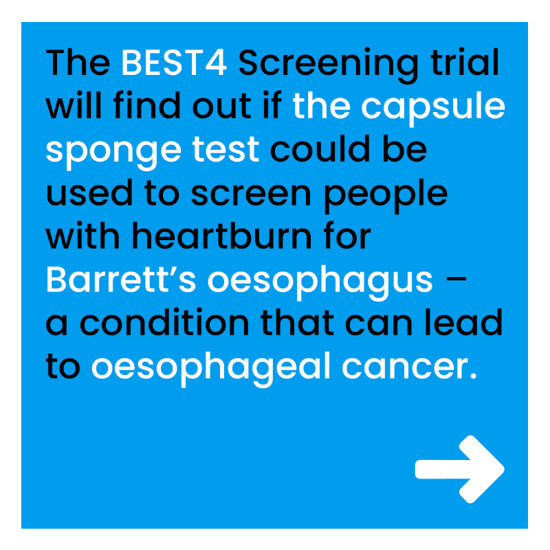 CR_UK's tweet photo. A new trial we’re funding uses an innovative ‘pill-on-a-thread’ test to screen people with heartburn for Barrett’s oesophagus, a condition that can lead to oesophageal cancer – and it's easier and cheaper than endoscopies. Read more below 👇