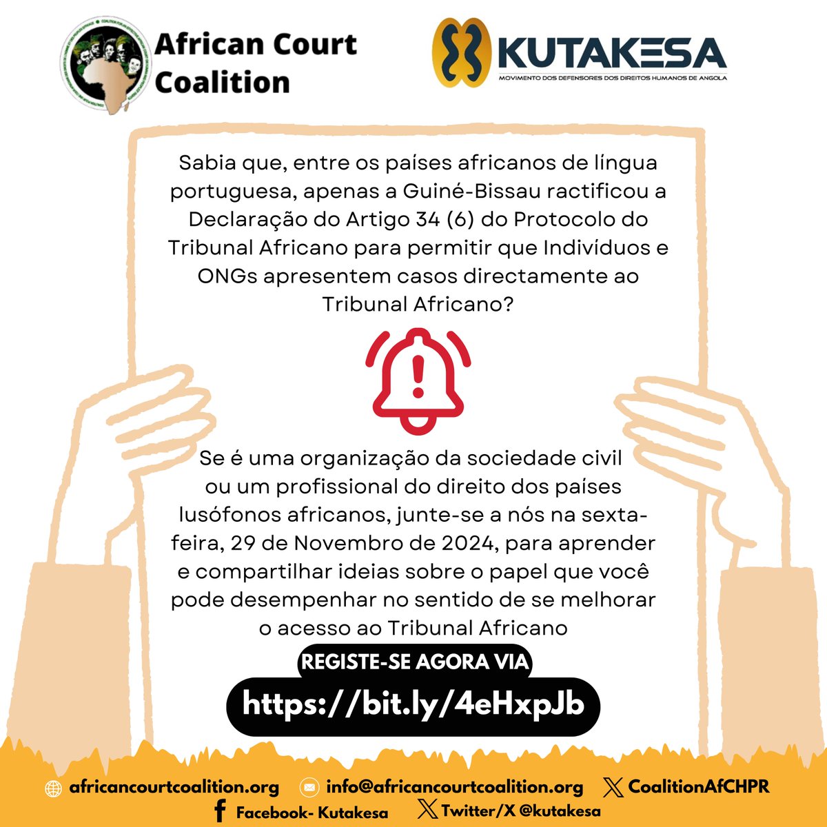 A Coligação para o Tribunal Africano e a
<a href="/kutakesa/">Kutakesa</a> Webinar de Sensibilização para OSCs e Profissionais do Direito: O Papel do Tribunal Africano na Proteção dos Direitos Humanos em África
LINK PARA REGISTO: bit.ly/4eHxpJb
<a href="/court_afchpr/">African Court</a> 
<a href="/Hermene55467663/">HermenegildoAdv</a>