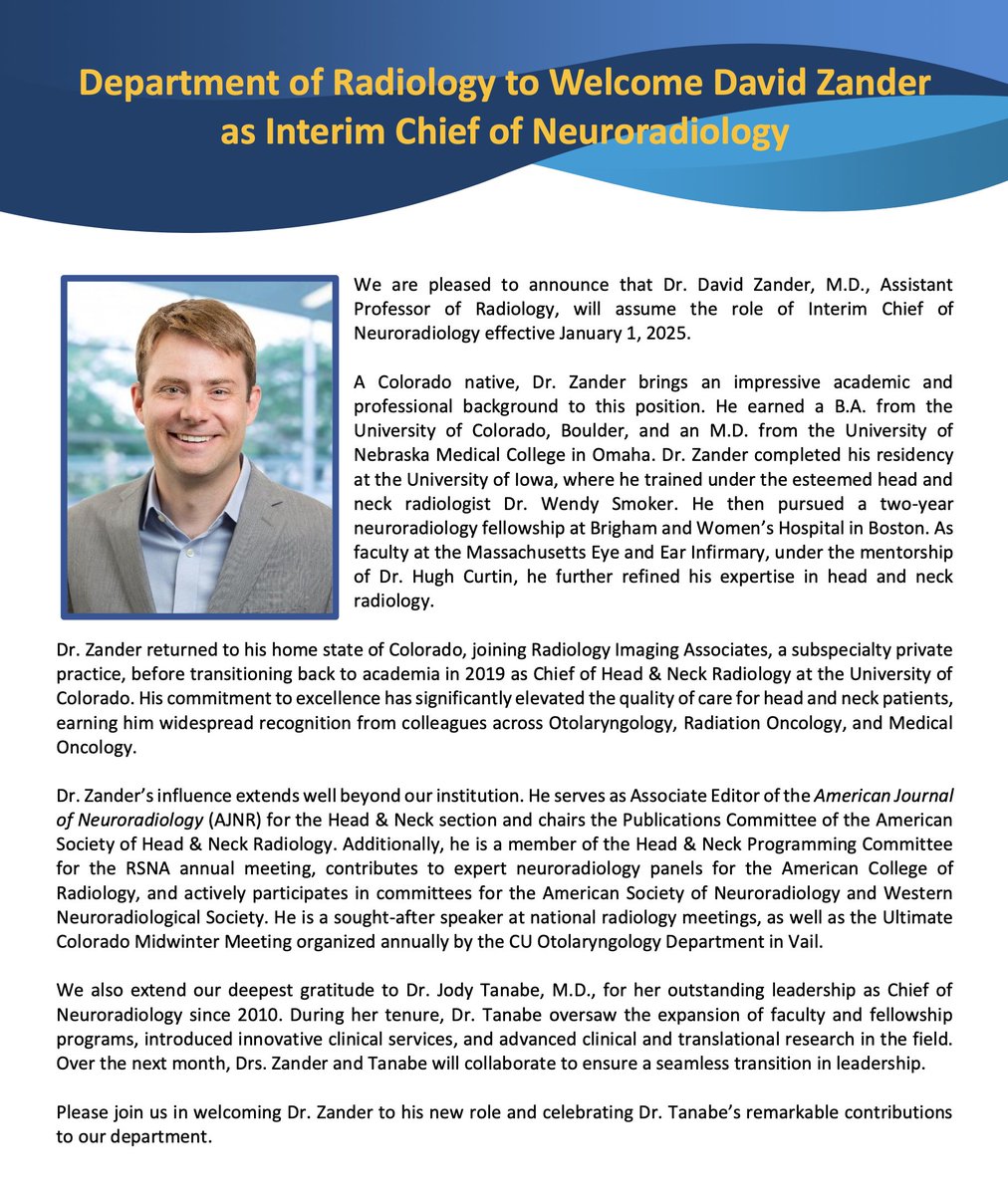 CU Neuroradiology (@cuneurorad) on Twitter photo We are proud to announce Dr. David Zander (<a href="/dave_zander/">David Zander</a>) as new interim Chief of Neuroradiology! We thank Dr. Jody Tanabe (<a href="/jodytanabe/">Jody Tanabe</a>) for her years of service and dedication to our section and department. We are proud to announce Dr. David Zander (<a href="/dave_zander/">David Zander</a>) as new interim Chief of Neuroradiology! We thank Dr. Jody Tanabe (<a href="/jodytanabe/">Jody Tanabe</a>) for her years of service and dedication to our section and department.